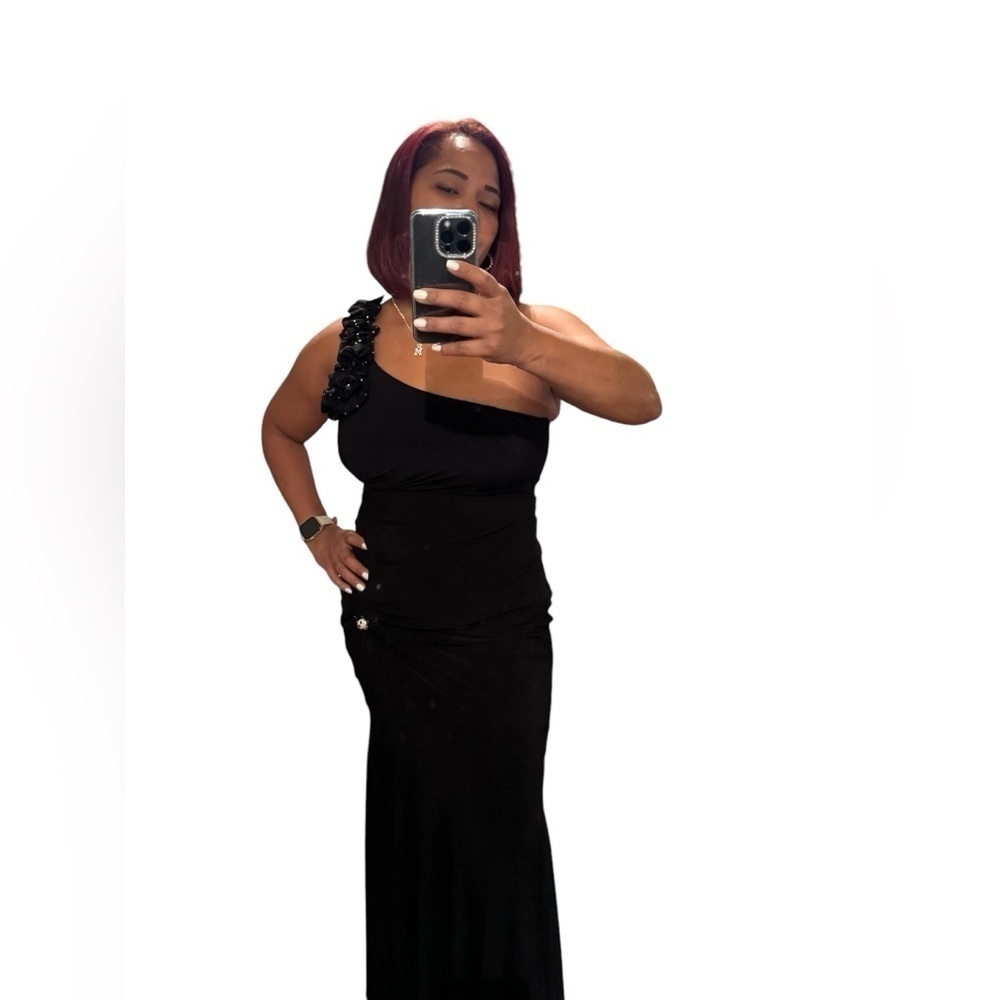 Betsy & Adam Black One Shoulder Ruched Gown Rhinestone Detail Size M - Picture 9 of 16